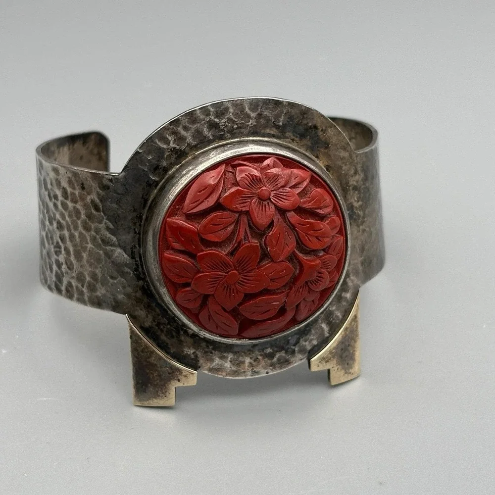 Hammered Sterling Silver 14k Gold Cuff Bracelet Cinnabar M&J Savitt Modernist